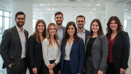 A diverse group of professionals posing for a photograph in a modern office environment