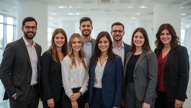 A diverse group of professionals posing for a photograph in a modern office environment - Powered by Adobe