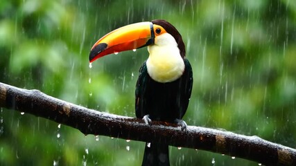 Toucan sitting on branch in rain with droplets falling around. Lush green backdrop enhances vivid colors of bird. Concept of wildlife, nature photography, avian preservation