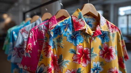 Fototapeta premium A row of vibrant Hawaiian shirts with floral patterns is displayed, made of soft cotton fabric with tropical flowers in red, blue, and yellow. These colorful shirts evoke the spirit of summer 