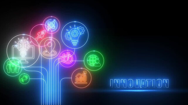 Neon Icons Symbolizing Innovation Concepts Linked in a Network on a Dark Background idea creativity