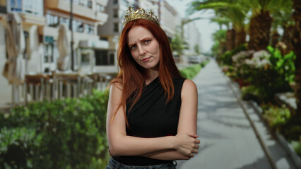 Woman with red hair wearing a crown stands thoughtfully on a city street lined with palm trees, exuding beauty and elegance in an urban outdoor setting.