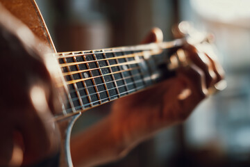 Fototapeta premium Close-up of hands playing guitar, blurred background, shallow depth of field, focus on the strings and fingers with soft bokeh effect in the background.