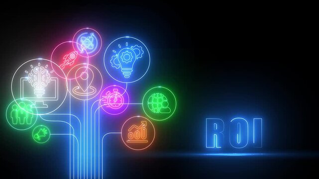 ROI concept with glowing neon icons and connected lines on a dark background return on investment finance
