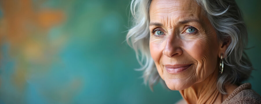 Mature woman with gray hair and blue eyes smiles softly. Her calm expression and elegant appearance reflect wisdom and inner peace, showing beauty at any age.