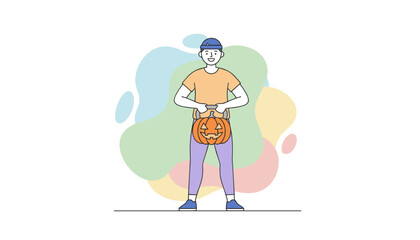 Smiling person holding jackolantern candy bucket for Halloween trickortreating Holiday fun