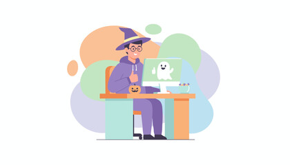 Man in wizard hat celebrating Halloween remotely giving thumbs up to ghost on screen