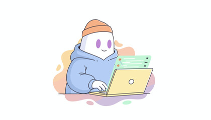 Friendly ghost character working on a laptop with festive Halloween screen icons
