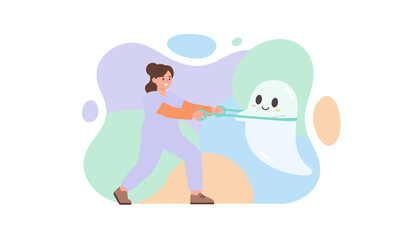 Nurse or therapist helping a friendly ghost with a resistance band symbolizing support and recovery
