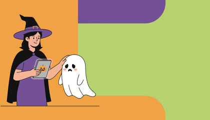 Witch with tablet comforts sad ghost Halloween concept digital content copy space