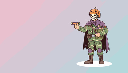 A festive skeleton soldier in camouflage with a pumpkin helmet holds a candy blaster and treat bag Ideal for Halloween