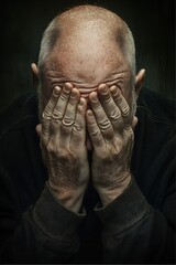 Man holding his face in his palms, in a sad pose. photo should illustrate the concept of depression.