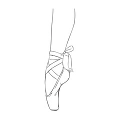 Line art drawing of a ballet dancer's foot in pointe shoes with tied ribbons ballet slippers © MD. SHABUZ RAYHAN