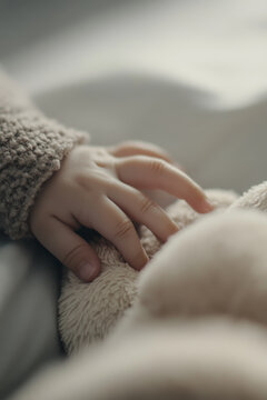 baby's hand gently holding a small white teddy bear