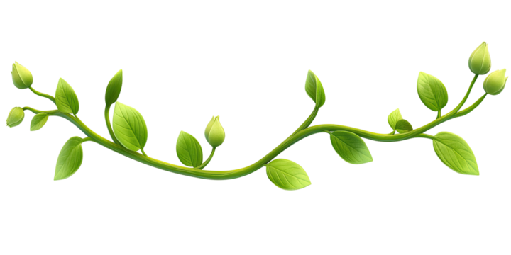 Curving vine with small, light green leaves and buds on a black background - Powered by Adobe
