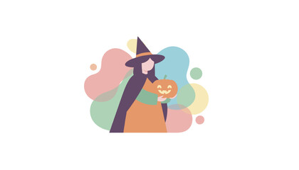 Friendly witch holding a carved pumpkin against a vibrant abstract background for Halloween