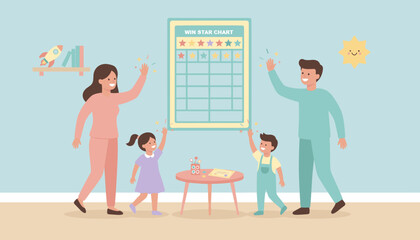 Happy family celebrating success with a star reward chart promoting child development and positive parenting