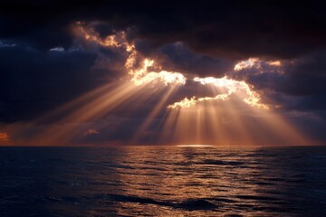 Sunlight shafts illuminate dark sea under storm clouds waves reflecting light