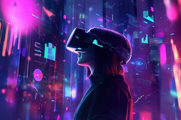 A futuristic illustration of a person wearing a sleek virtual reality headset, standing in a dark, neon-lit environment.