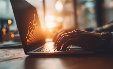 Businessman using laptop and touch screen to draw growth graph with arrows up, professional business presentation concept.