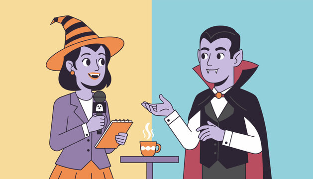 Cartoon witch reporter interviews vampire Halloween news media and fantasy discussion