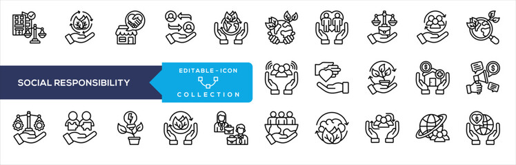 Social Impact Icon Collection. Containing community engagement, sustainable practice, environmental care, charity support, ethical business, diversity inclusion