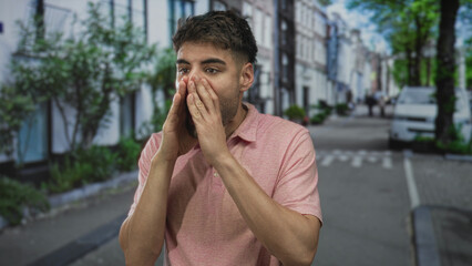 Young hispanic man in pink polo gestures with open palm on street; urban curiosity invites engagement.