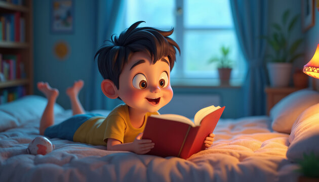 Cartoon boy lies on bed reading book with excited expression. In bedroom with blue walls, window, plants, lamp, bookshelf. Boy wears yellow t-shirt, blue shorts. Holds red book, looks happy, engaged