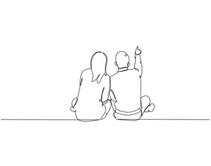 Continuous one line drawing of couple sit pointing at the sky. One line drawing illustration of couple hugging rear view. Thinking and planning concept single line. Editable outline