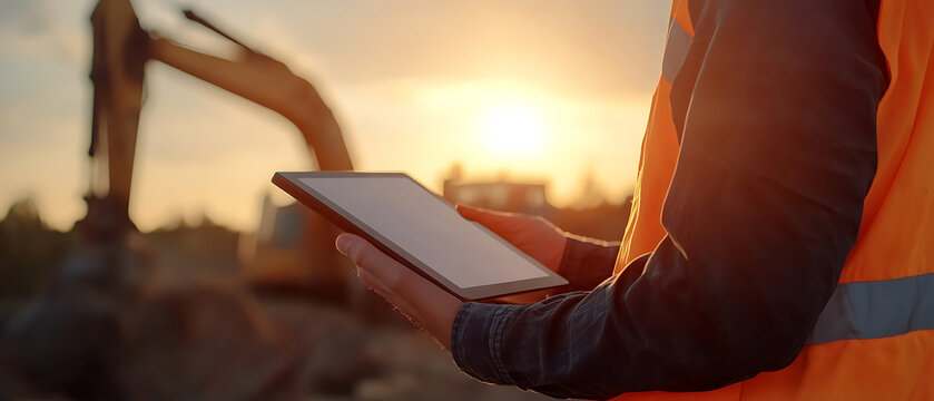 Construction worker uses a tablet at sunset. Heavy equipment in the background symbolizes progress and technology integration in modern construction sites. - Powered by Adobe