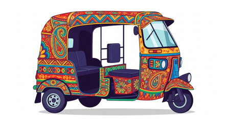 A colorful and ornate auto rickshaw illustration, , showcasing traditional indian design and cultural artistry