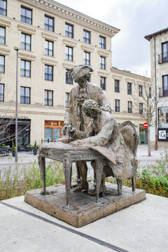 Salamanca, Spain - 4 March, 2025: Bronze monument to architect Alberto de Churriguera and Frankish Count Jos&eacute; del Castillo