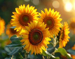 Fototapeta premium Golden sunflowers bloom in sunlight