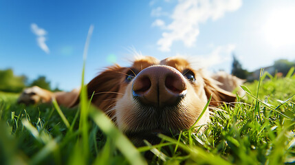 Low-angle shot captures the close-up of a dog's nose amidst lush green grass, with a clear blue sky dotted with fluffy clouds in the background.