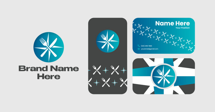 Modern Culinary Branding Identity Mockup with Fork and Knife Logo, Business Card Designs, and Teal Gradient Accents for Restaurant or Food Service - Powered by Adobe