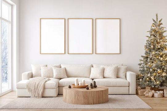 Cozy winter living room with a decorated Christmas tree and a bright, inviting atmosphere. Empty vertical frames set of 3 for wall art mockup.