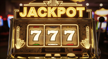 Retro gold neon slot machine 777. Jackpot inscription design.