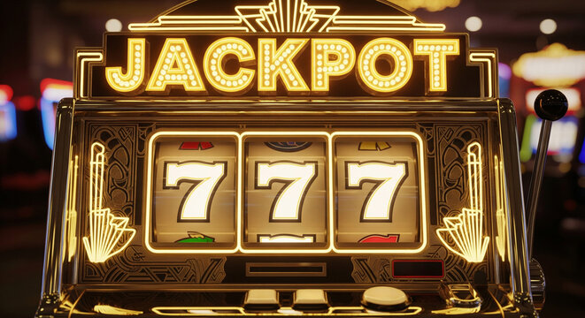 Retro gold neon slot machine 777. Jackpot inscription design.