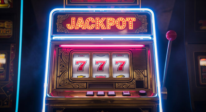 Retro gold neon slot machine 777. Jackpot inscription design.