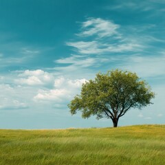 Obraz premium Lone Green Tree Standing on Grassy Hill Under Bright Blue Sky with White Clouds