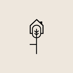 Minimalist tree inside a house outline simple logo design suitable for naturefocused businesses, real estate, or interior design companies.
