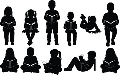 Silhouette vector illustration of children reading books in different poses symbolizing education, learning, imagination, knowledge, and childhood curiosity
