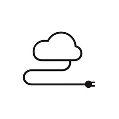 Black line drawing of cloud with plug. Suitable for tech design, digital concepts, internet connectivity visuals, and innovative illustrations.