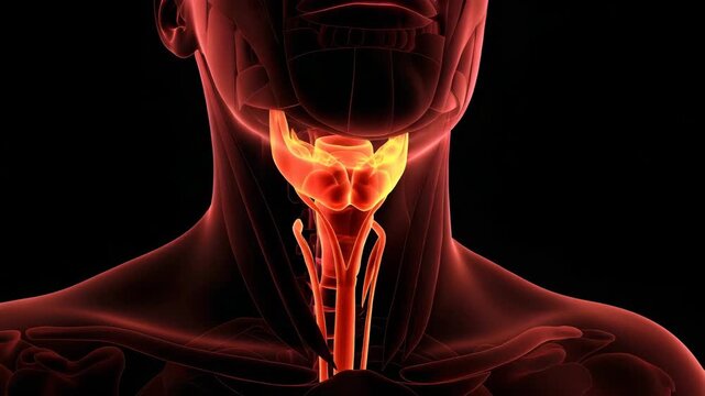 Anatomical illustration of the human larynx and trachea, glowing orange