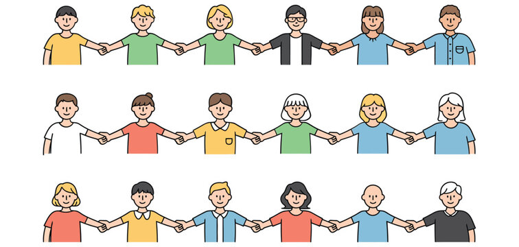 Three rows of diverse people holding hands group unity - Powered by Adobe