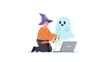 Wizard IT support fixing a laptop ghost error Problemsolving tech help concept