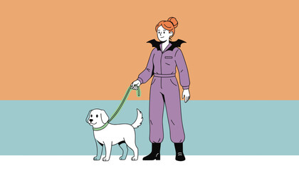 Happy woman in a batthemed jumpsuit walking her white dog on a leash Lifestyle pets
