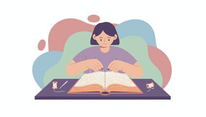 Smiling woman stitching a spiderweb into an open book symbolizing creative hobbies and imaginative learning