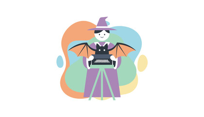 Smiling witch with a bat typing on a typewriter symbolizing creative writing and Halloween