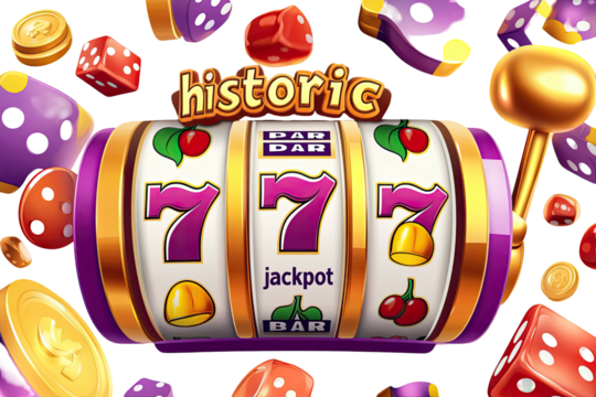 Colorful slot machine with 777 and coins in mid-air